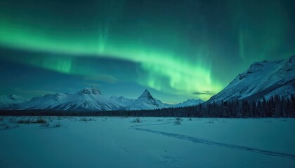 Green aurora lights dance above snow covered mountains and pine forest. Winter landscape with clear sky full of stars and moonlit snowfield. Magical night sky scene.