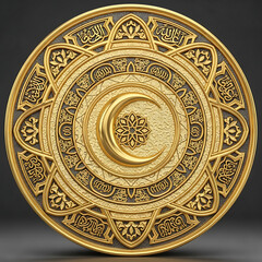 Obraz premium Ancient oriental Chinese temple wall featuring a vintage golden mandala ornament on a round plate with an ethnic floral pattern and antique decorative design elements