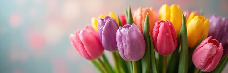 Naklejka premium Bright bouquet of fresh tulips with water droplets. Vibrant colors, wet petals, and green stems. Perfect for spring themes, floral arrangements and celebrations.