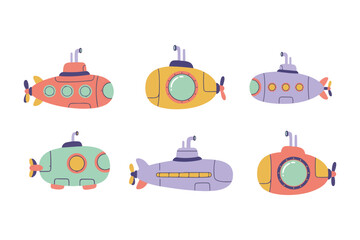 Naklejka premium Cute Submarine and Underwater Vehicle Flat Vector Illustration Clipart Set