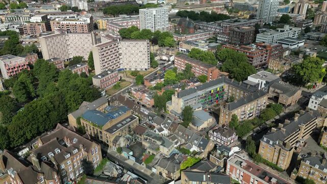 Aerial view of Hackney, London, featuring Haggerston Park and the former Haggerston School site, highlighting East Londons urban density.