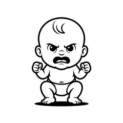 Naklejka premium A cartoon baby with an angry expression and fists clenched in a threatening stance.
