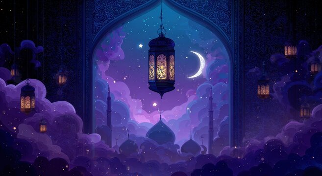 Enchanting Ramadan Night - Illuminated Lantern, Crescent Moon, and Mosque Silhouettes in Dreamy Purple Hues.