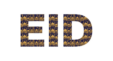 Fototapeta premium Large uppercase EID letters are filled with a repeating pattern of golden mosque silhouettes on a navy blue background.