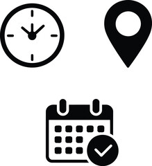 Icons representing time, location, and scheduling for event planning Vector