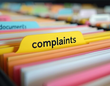 Filing cabinet drawer with colorful folders. Yellow tab labeled complaints stands out. Organized paperwork, office administration, business document archive for client service.