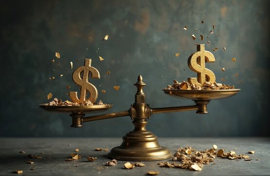 Gold dollar signs on balance scale show financial instability. One side shows a complete symbol while the other is broken with debris. Represents economic problems.
