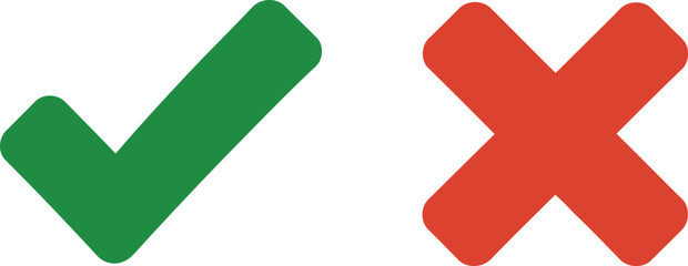 Green check mark and red cross symbols representing correct and incorrect choices. Vector