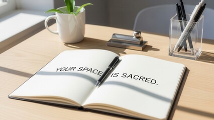 Fototapeta premium Open notebook with pen and plant on a wooden desk