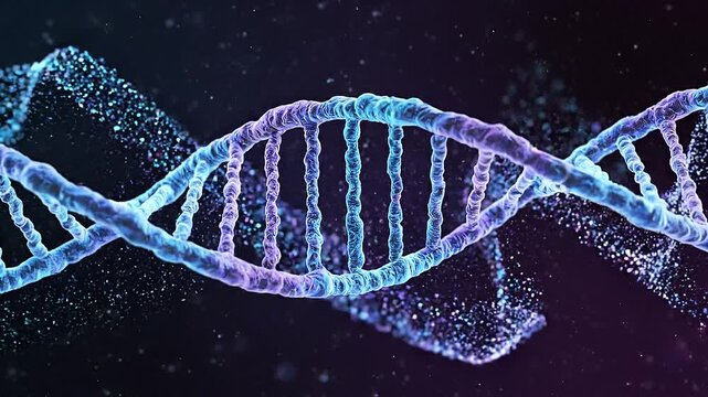Rotating glowing DNA helix with dynamic molecular particles.