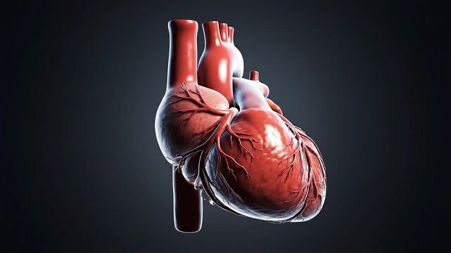 Rotating realistic human heart three dimensional medical visualization on dark background.