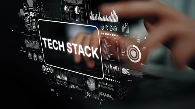 Hands typing on laptop keyboard with futuristic tech stack digital interface and data visualization elements in background. Asymptotic smart data analytic.