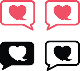 Four speech bubbles with heart symbols in different colors and styles. Vector