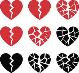 Nine broken hearts with various crack patterns on a white background Vector