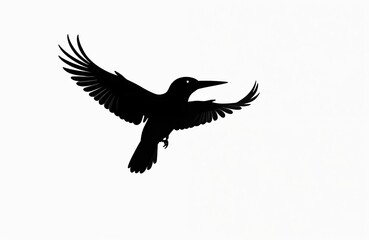 Obraz premium Black crow bird silhouette in mid-flight. Wide wings spread open against plain white backdrop. Simple graphic art, clean lines, negative space. Avian creature flying freely.
