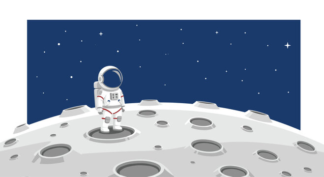 A lone astronaut in a white spacesuit stands on the cratered gray surface of the moon under a dark blue starry sky.