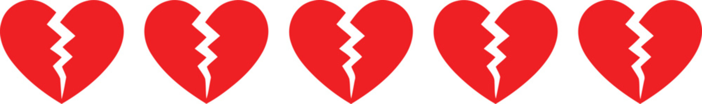 Five broken hearts in a row with cracks and gaps between them Vector