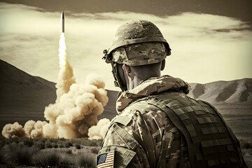 Obraz premium Soldier in front of a ballistic missile launch. Neural network AI generated art
