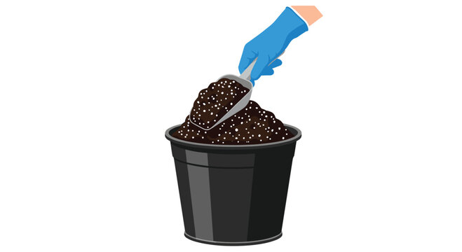 A blue-gloved hand uses a silver scoop to fill a black plastic pot with dark brown soil and white perlite on a plain white background.