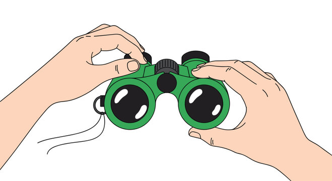 Two light-skinned hands are shown from a front-facing perspective, adjusting the focus wheel of a pair of bright green binoculars against a clean white background.