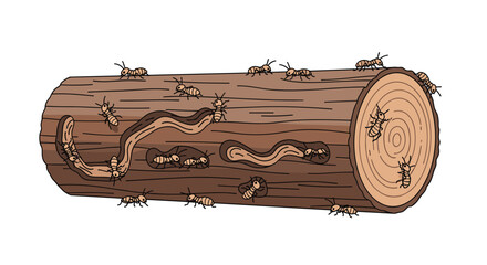 Fototapeta premium Numerous light-brown termites are actively crawling on and within a cut brown wooden log, which is horizontally positioned on a white background.