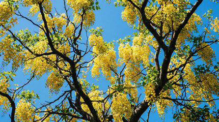Golden shower tree branches laden with bright yellow cascading blooms creating a stunning canopy under a clear blue sky.