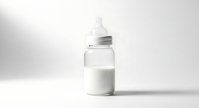 A baby bottle filled with milk stands alone on a white surface indoors.