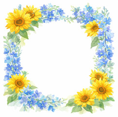 ひまわりとデルフィニウムの花フレームイラスト　Sunflower and delphinium frame illustration
