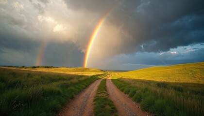 Fototapeta premium Dirt road leads through grassy hills towards a bright rainbow under dramatic stormy sky. Sunlight breaks through clouds illuminating golden fields. A colorful arc promises hope.