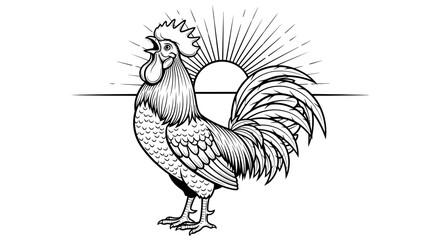 Black and white line art illustration of a crowing rooster. © Kelik