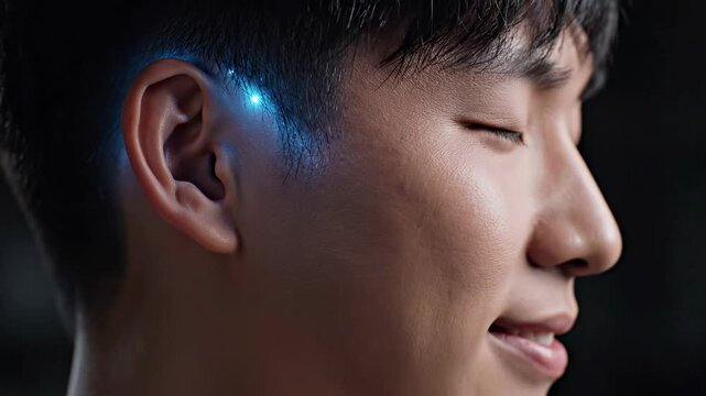 Man with Subtle Glowing Neural Implant Behind Ear