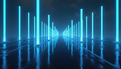 Fototapeta premium Bright blue neon light pillars rise from dark wet ground reflecting light. Futuristic abstract geometric corridor forms path for exploration, digital journeys. Virtual space glows with clean energy.