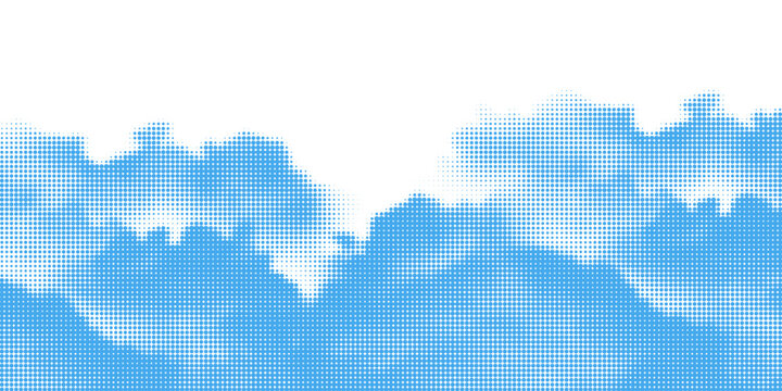 Halftone cloud background. White dotted clouds in blue sky. Comic pop art heaven wallpaper for banner, collage, poster, leaflet, brochure. Rasterized smoke, smog or fog texture. Vector illustration