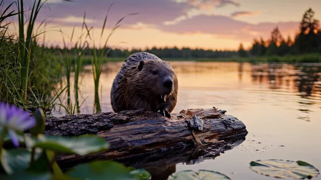 A beaver perched on a log in water, with a sunset reflecting in the lake