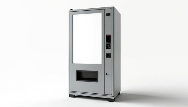 Modern grey vending machine with blank white screen and keypad. Isolated on white background. Perfect for mockups, retail concepts, and tech displays. Future of convenient shopping.