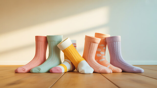 Colorful knitted socks arranged in a row on a wooden floor with soft sunlight
