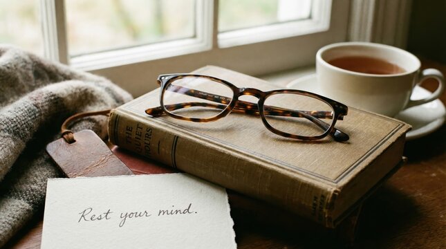 Vintage Reading Glasses on Old Book by Window