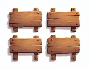 Fototapeta premium Four rustic wooden signs stand ready for messages directions. Plank displays natural wood grain, fastened with metal nails. Blank boards offer design flexibility for various creative projects, game