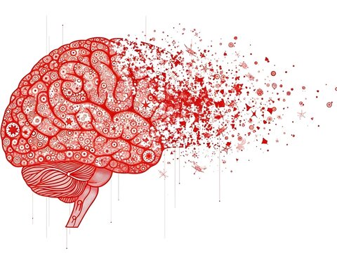 An intricate red digital illustration of a human brain disintegrating into particles, symbolizing mental stress, breakdown, or memory loss.