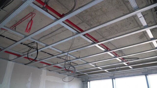 Suspended ceiling under construction. Metal studs form frame for drywall.