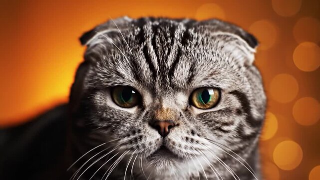 Scottish Fold cat with distinctive folded ears and striking green eyes.
