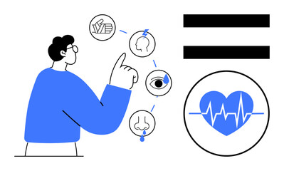Person pointing at sensory icons brain, eye, nose, ear linked to heart monitor graphic and equality sign. Ideal for mindfulness, health, equality, empathy communication wellness education. Simple
