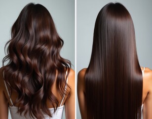 Fototapeta premium Split screen shows woman with wavy brown hair before and after keratin treatment. Hair becomes straight shiny smooth. Smoothness achieved through salon service.