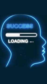 Neon outline of a human head with the word SUCES and a loading bar inside against a dark blue starry animated background