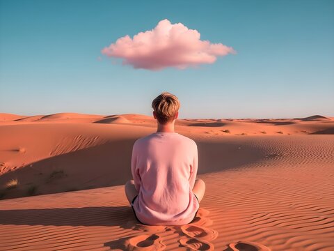 A man meditates alone, seen from behind, in a warm, tranquil desert landscape under a blue sky, a surreal pink cloud hovering.