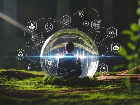 A conceptual digital artwork shows a person in a protective bubble surrounded by glowing environmental tech icons on lush green moss, symbolizing sustainability.