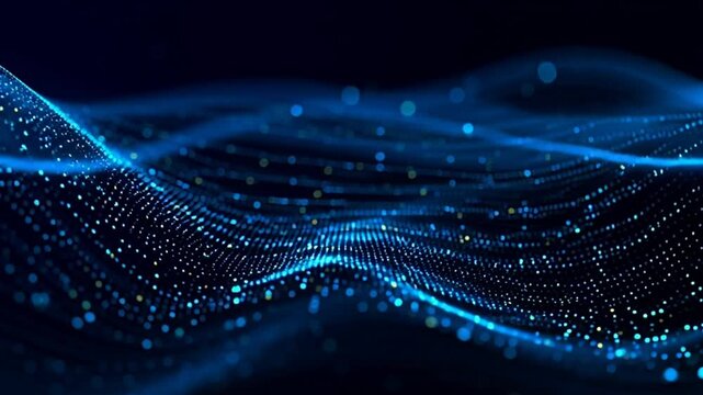 Abstract blue digital wave pattern with glowing dots and lines.