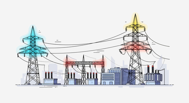 Industrial power transmission infrastructure with towers and substation.