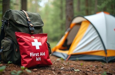 Naklejka premium Green backpack with red first aid kit rests on forest floor near camping tent. Safety and emergency preparedness for outdoor adventure travel. Medical support for injuries on trips.