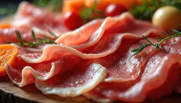 Thinly sliced cured pork meats like prosciutto, capocollo arranged on rustic wooden board. Garnished with fresh rosemary sprigs, cherry tomatoes, orange slices, antipasto platter offers delicious